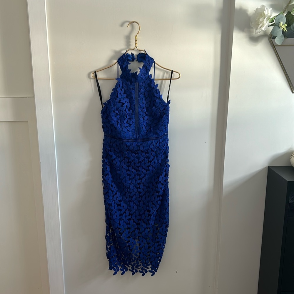 Bardot Blue Floral Lace Halter Dress - size 6/s - NEW